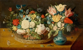STILL LIFE WITH FLOWERS IN A WOVEN BASKET AND A FLORAL BOUQUET IN A PORCELAIN VASE ON A TABLE TOP WITH INSECTS by Osias Beert the Elder